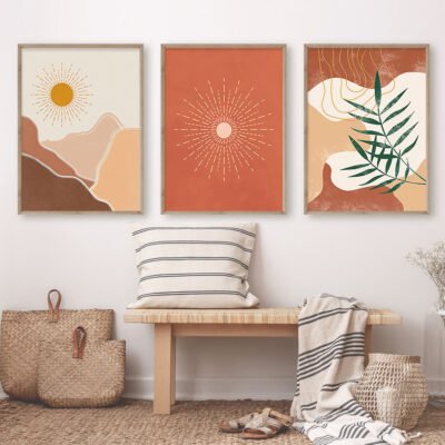 Modern Abstract Mid Century Style Sun Moon Phases Botanical Gallery Wall Art Decor