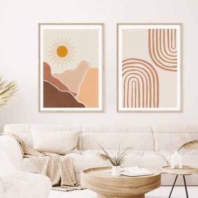 Modern Abstract Mid Century Style Sun Moon Phases Botanical Gallery Wall Art Decor