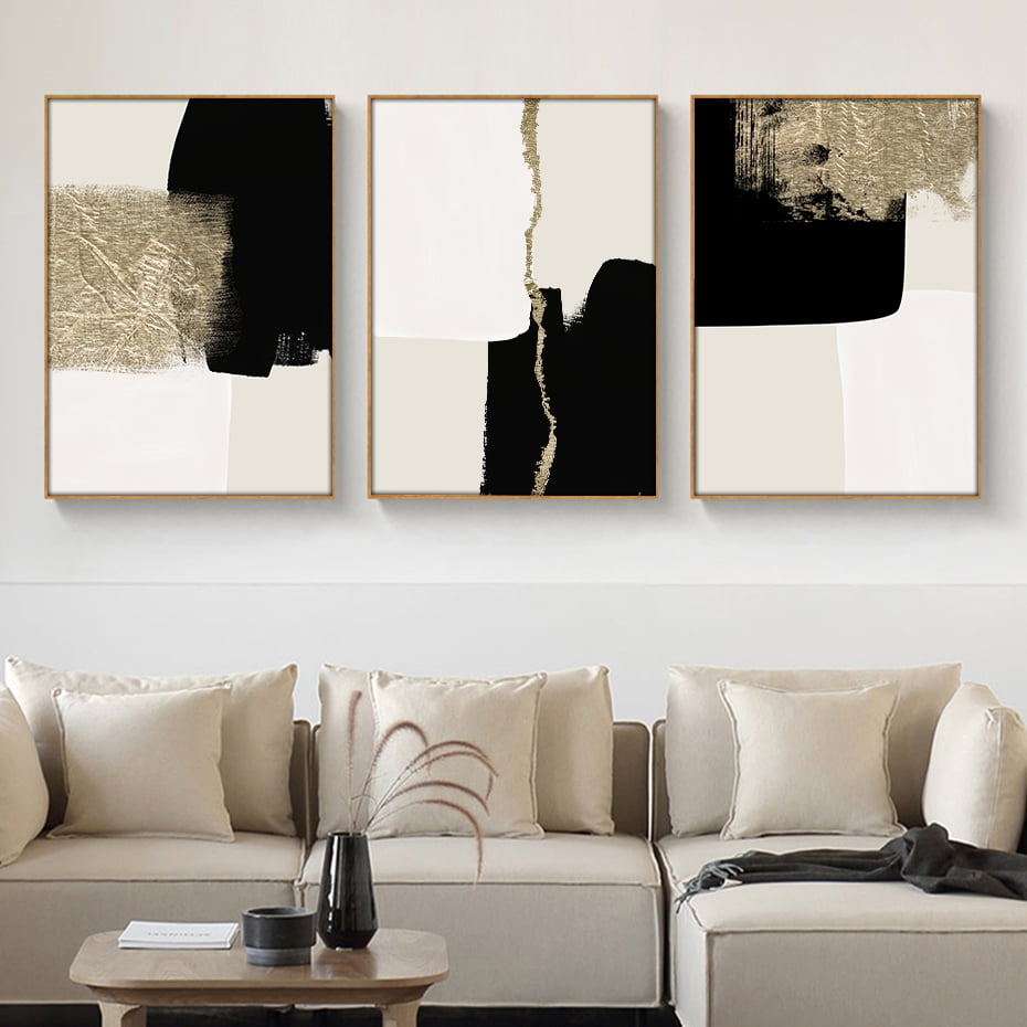 Modern Abstract Minimalist Black Beige Gold Wall Art Pictures For Luxury Living Room Home Decor