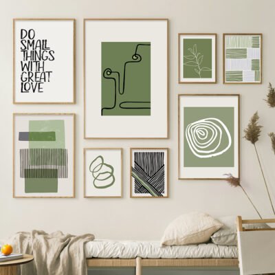 Modern Abstract Minimalist Gray Green Gallery Wall Art Pictures For Living Room Home Office Decor