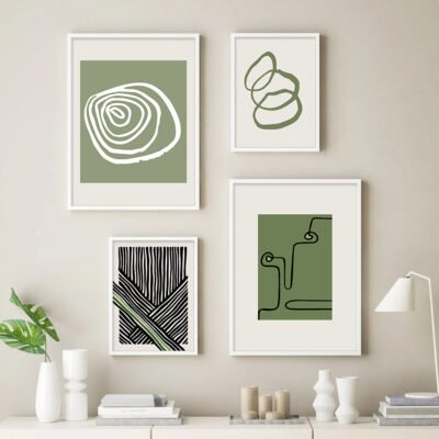 Modern Abstract Minimalist Gray Green Gallery Wall Art Pictures For Living Room Home Office Decor