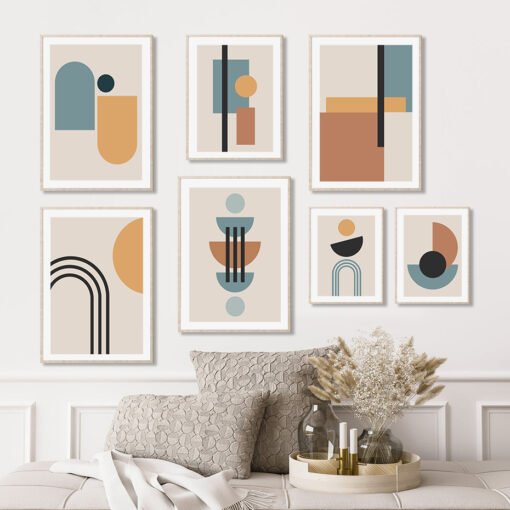 Modern Mid Century Retro Geometric Shapes Abstract Gallery Wall Art Pictures For Living Room Decor