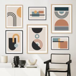 Modern Mid Century Retro Geometric Shapes Abstract Gallery Wall Art Pictures For Living Room Decor