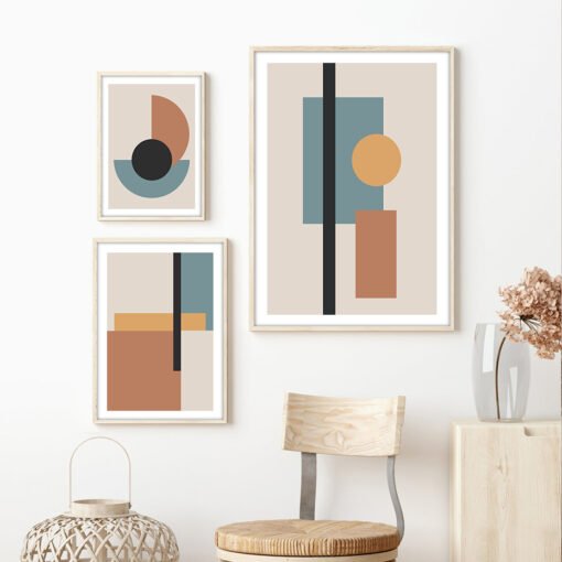 Modern Mid Century Retro Geometric Shapes Abstract Gallery Wall Art Pictures For Living Room Decor