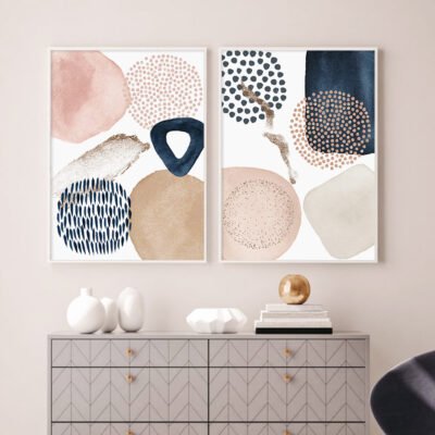 Modern Nordic Abstract Watercolor Blue Beige Pink Fine Art Canvas Prints For Living Room