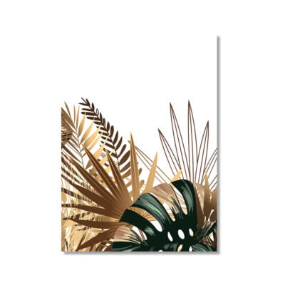 Modern Tropical Botanical Green Golden Leaves Wall Art Pictures For Living Room Dining Room