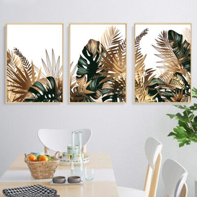 Modern Tropical Botanical Green Golden Leaves Wall Art Pictures For Living Room Dining Room