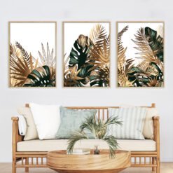 Modern Tropical Botanical Green Golden Leaves Wall Art Pictures For Living Room Dining Room