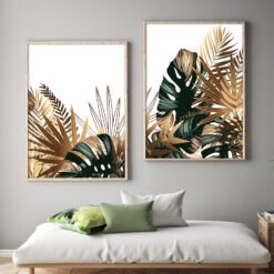 Modern Tropical Botanical Green Golden Leaves Wall Art Pictures For Living Room Dining Room