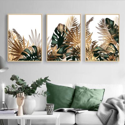 Modern Tropical Botanical Green Golden Leaves Wall Art Pictures For Living Room Dining Room