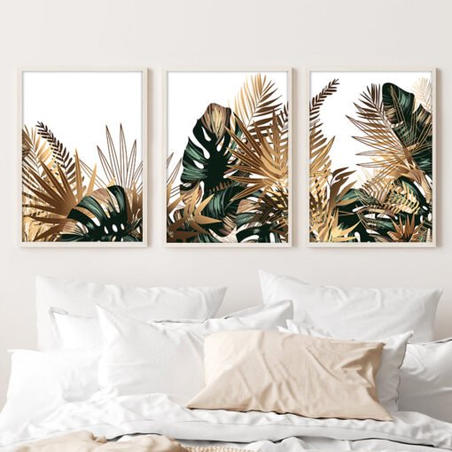 Modern Tropical Botanical Green Golden Leaves Wall Art Pictures For Living Room Dining Room