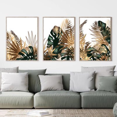 Modern Tropical Botanical Green Golden Leaves Wall Art Pictures For Living Room Dining Room