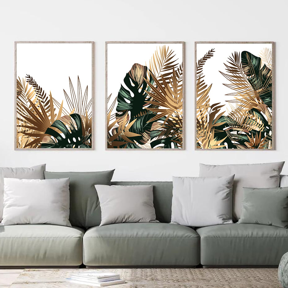 Modern Tropical Botanical Green Golden Leaves Wall Art Pictures For Living  Room Dining Room