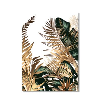 Modern Tropical Botanical Green Golden Leaves Wall Art Pictures For Living Room Dining Room