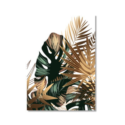 Modern Tropical Botanical Green Golden Leaves Wall Art Pictures For Living Room Dining Room