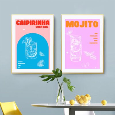 Mojito Margarita Cocktail Wall Art Pink Blue Modern Retro Pictures For Kitchen Bar Diner Wall Decor