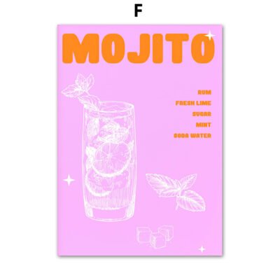 Mojito Margarita Cocktail Wall Art Pink Blue Modern Retro Pictures For Kitchen Bar Diner Wall Decor