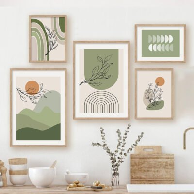 Neutral Colors Mid Century Abstract Botanical Landscape Gallery Wall Art Pictures For Living Room