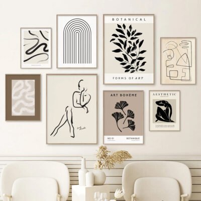 Neutral Colors Modern Minimalist Bohemian Gallery Wall Art Pictures For Natural Living Room Decor