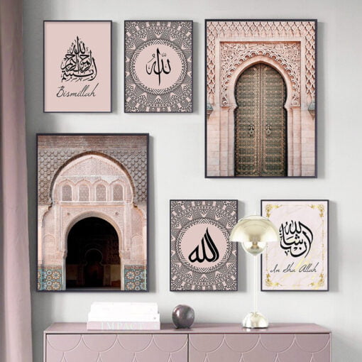 Pink Black Moroccan Architectural Bohemian Islamic Wall Art Pictures For Living Room Decor