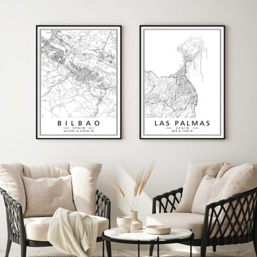 Spain City Maps Madrid Barcelona Wall Map Posters Modern Black White Pictures For Home Office