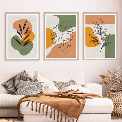 Terracotta Orange Green Leaves Abstract Botanical Wall Art Pictures For Modern Living Room Decor