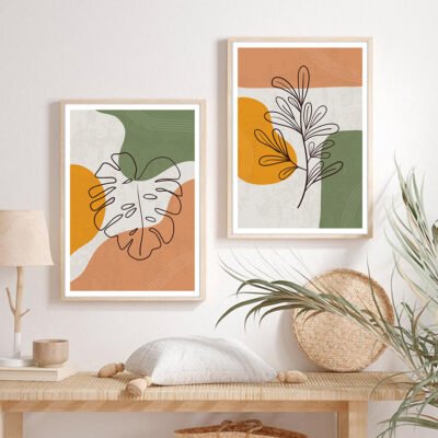 Terracotta Orange Green Leaves Abstract Botanical Wall Art Pictures For Modern Living Room Decor