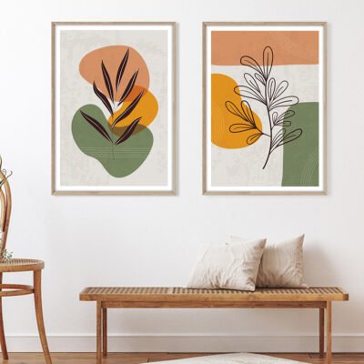 Terracotta Orange Green Leaves Abstract Botanical Wall Art Pictures For Modern Living Room Decor