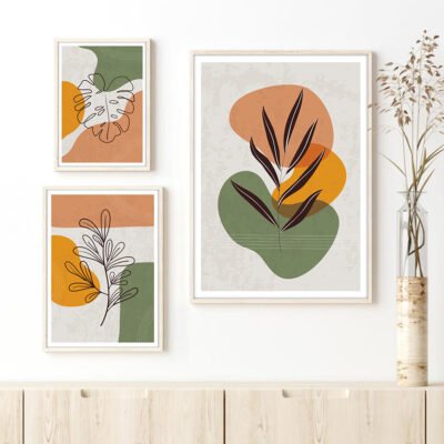 Terracotta Orange Green Leaves Abstract Botanical Wall Art Pictures For Modern Living Room Decor