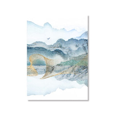 Tranquil Lake Blue Mountain Oriental Landscape Wall Art Fine Art Canvas Prints For Living Room