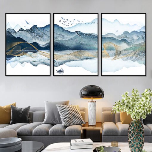 Tranquil Lake Blue Mountain Oriental Landscape Wall Art Fine Art Canvas Prints For Living Room