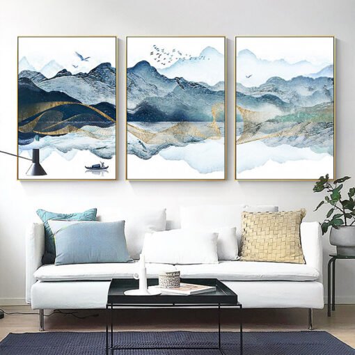 Tranquil Lake Blue Mountain Oriental Landscape Wall Art Fine Art Canvas Prints For Living Room