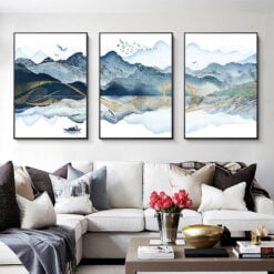 Tranquil Lake Blue Mountain Oriental Landscape Wall Art Fine Art Canvas Prints For Living Room