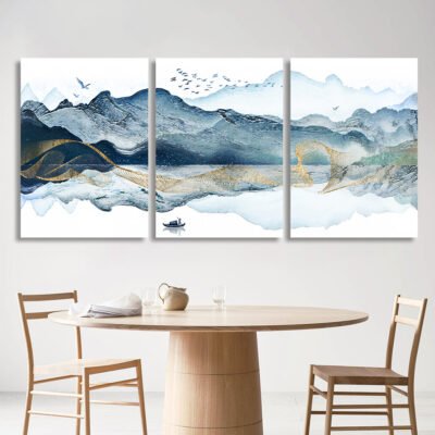 Tranquil Lake Blue Mountain Oriental Landscape Wall Art Fine Art Canvas Prints For Living Room