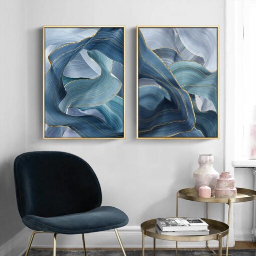 Wavy Blue Golden Ribbon Wall Art Fine Art Canvas Prints Pictures For Modern Luxury Living Room