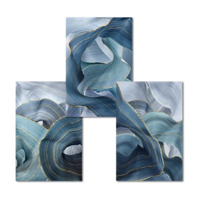 Wavy Blue Golden Ribbon Wall Art Fine Art Canvas Prints Pictures For Modern Luxury Living Room