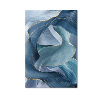 Wavy Blue Golden Ribbon Wall Art Fine Art Canvas Prints Pictures For Modern Luxury Living Room