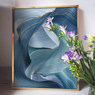Wavy Blue Golden Ribbon Wall Art Fine Art Canvas Prints Pictures For Modern Luxury Living Room