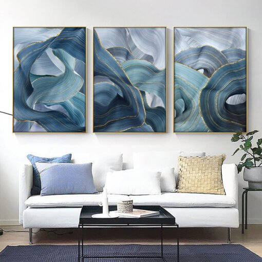 Wavy Blue Golden Ribbon Wall Art Fine Art Canvas Prints Pictures For Modern Luxury Living Room
