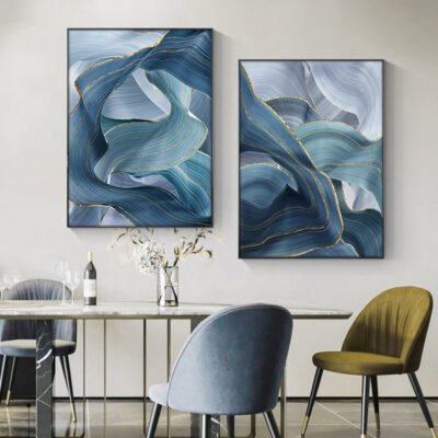 Wavy Blue Golden Ribbon Wall Art Fine Art Canvas Prints Pictures For Modern Luxury Living Room