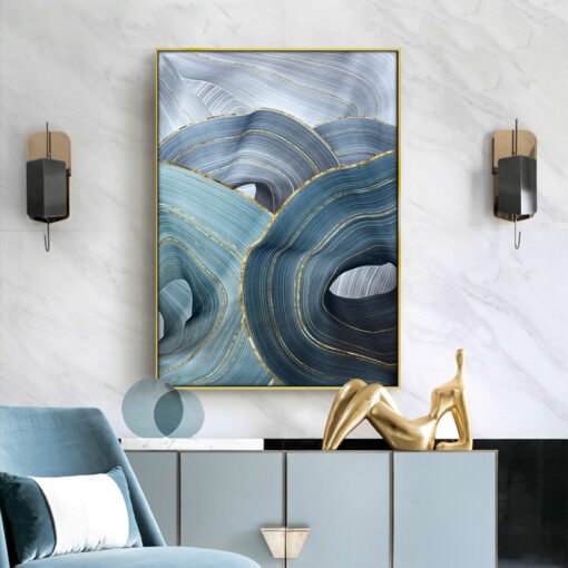 Wavy Blue Golden Ribbon Wall Art Fine Art Canvas Prints Pictures For Modern Luxury Living Room