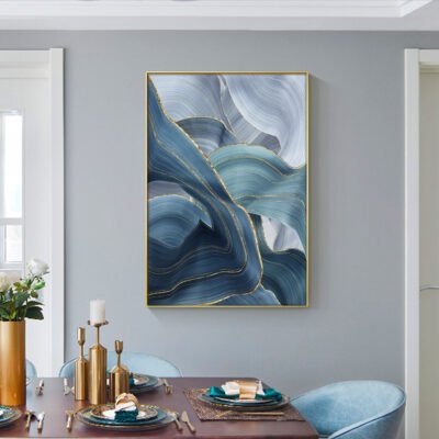 Wavy Blue Golden Ribbon Wall Art Fine Art Canvas Prints Pictures For Modern Luxury Living Room