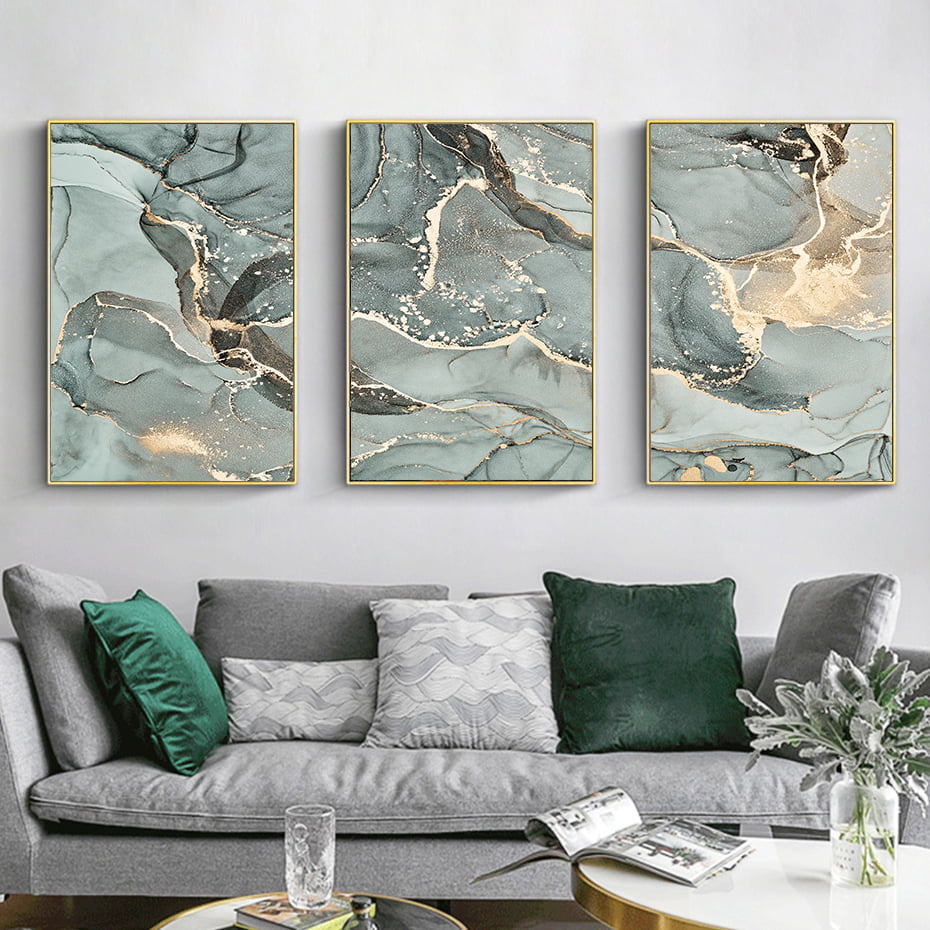 Abstract Beige Green Golden Liquid Marble Print Wall Art Pictures For Bedroom Living Room Decor