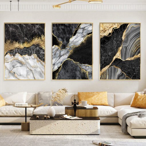 Abstract Black Golden Marble Print Wall Art Fashion Pictures For Modern Luxury Living Room Decor