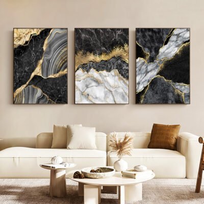 Abstract Black Golden Marble Print Wall Art Fashion Pictures For Modern Luxury Living Room Decor