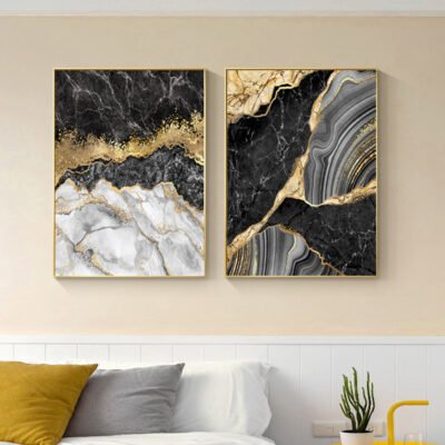 Abstract Black Golden Marble Print Wall Art Fashion Pictures For Modern Luxury Living Room Decor