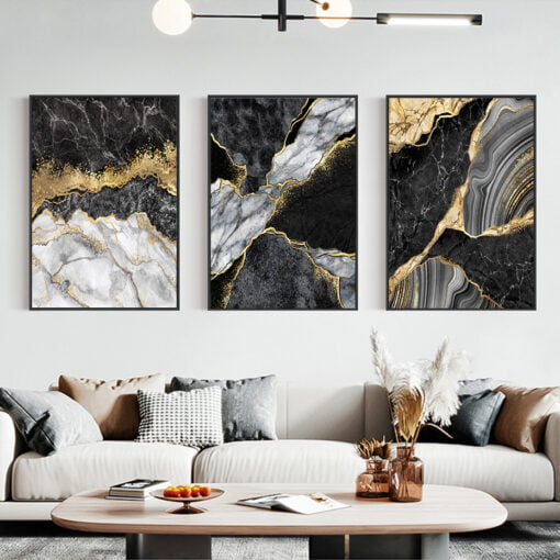 Abstract Black Golden Marble Print Wall Art Fashion Pictures For Modern Luxury Living Room Decor