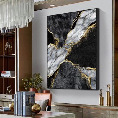 Abstract Black Golden Marble Print Wall Art Fashion Pictures For Modern Luxury Living Room Decor