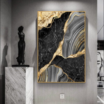 Abstract Black Golden Marble Print Wall Art Fashion Pictures For Modern Luxury Living Room Decor