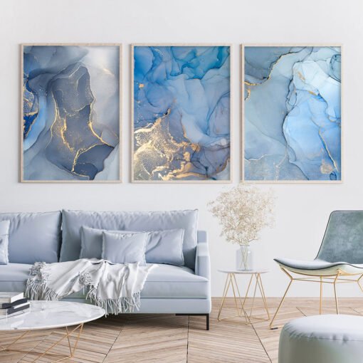Abstract Blue Golden Liquid Marble Print Wall Art Pictures For Living Room Bedroom Art Decor